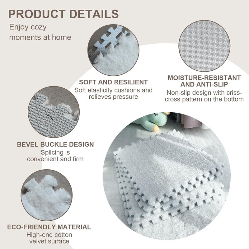 JADERLU 16pcs 0.6" Thickened Interlocking Tile Mats,Fluffy Shaggy Soft EVA Foam Area Rug for Living Room & Bedroom,Non-Slip Protective Floor Carpet Play Mat Kids Baby Dorm Home Decor (11.8ft, White) - Image 3